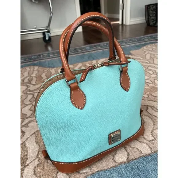 DOONEY & BOURKE Turquoise Pebble Leather Zip Top Domed Satchel Bag Purse - Picture 2 of 16